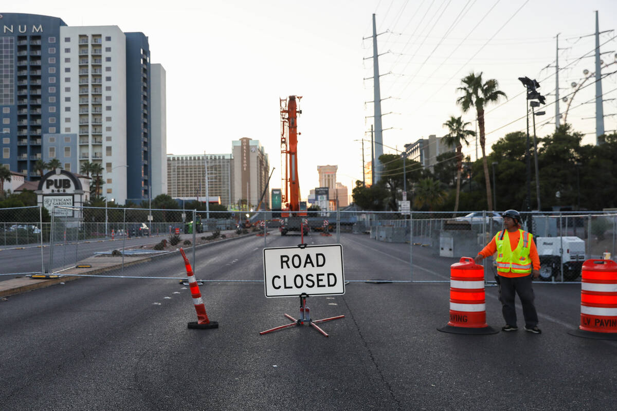 A bridge for the Formula 1 Las Vegas Grand Prix is under construction at the intersection of Fl ...