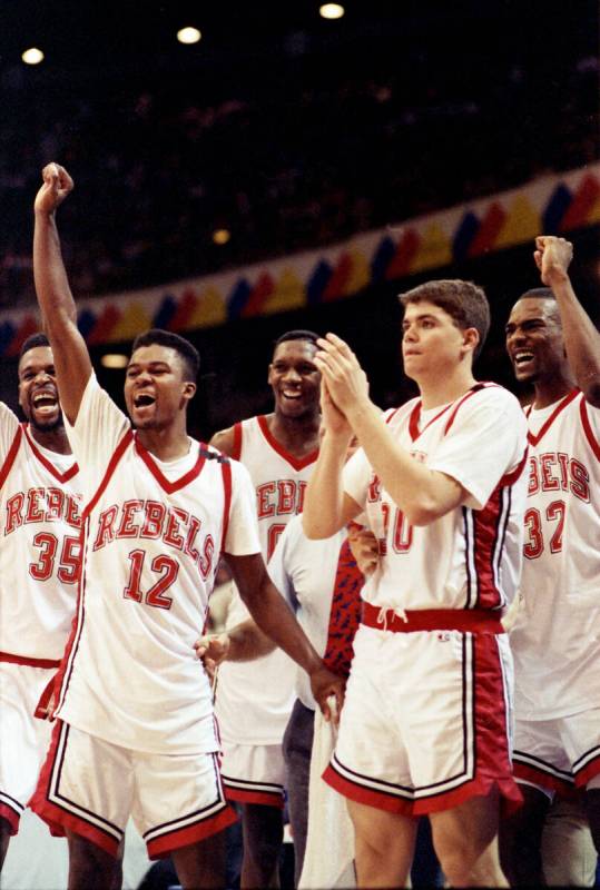 UNLV Rebels players Mosses Scurry, Anderson Hunt (12), David Butler, David Rice, Stacey Augmon ...