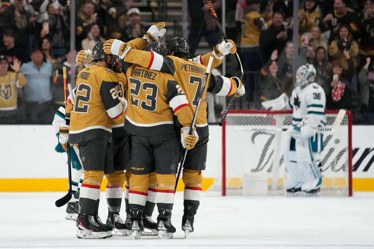 Vegas Golden Knights celebrate after defenseman Alec Martinez (23) scored against the San Jose ...