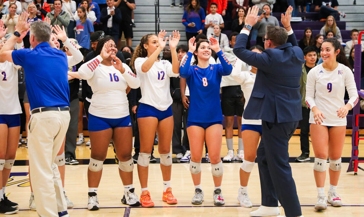 Bishop Gorman’s Head Coach Gregg Nunley congratulates his team after Bishop Gorman won t ...