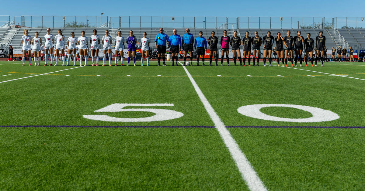 Coronado and Faith Lutheran starting players come together for introductions before the first h ...