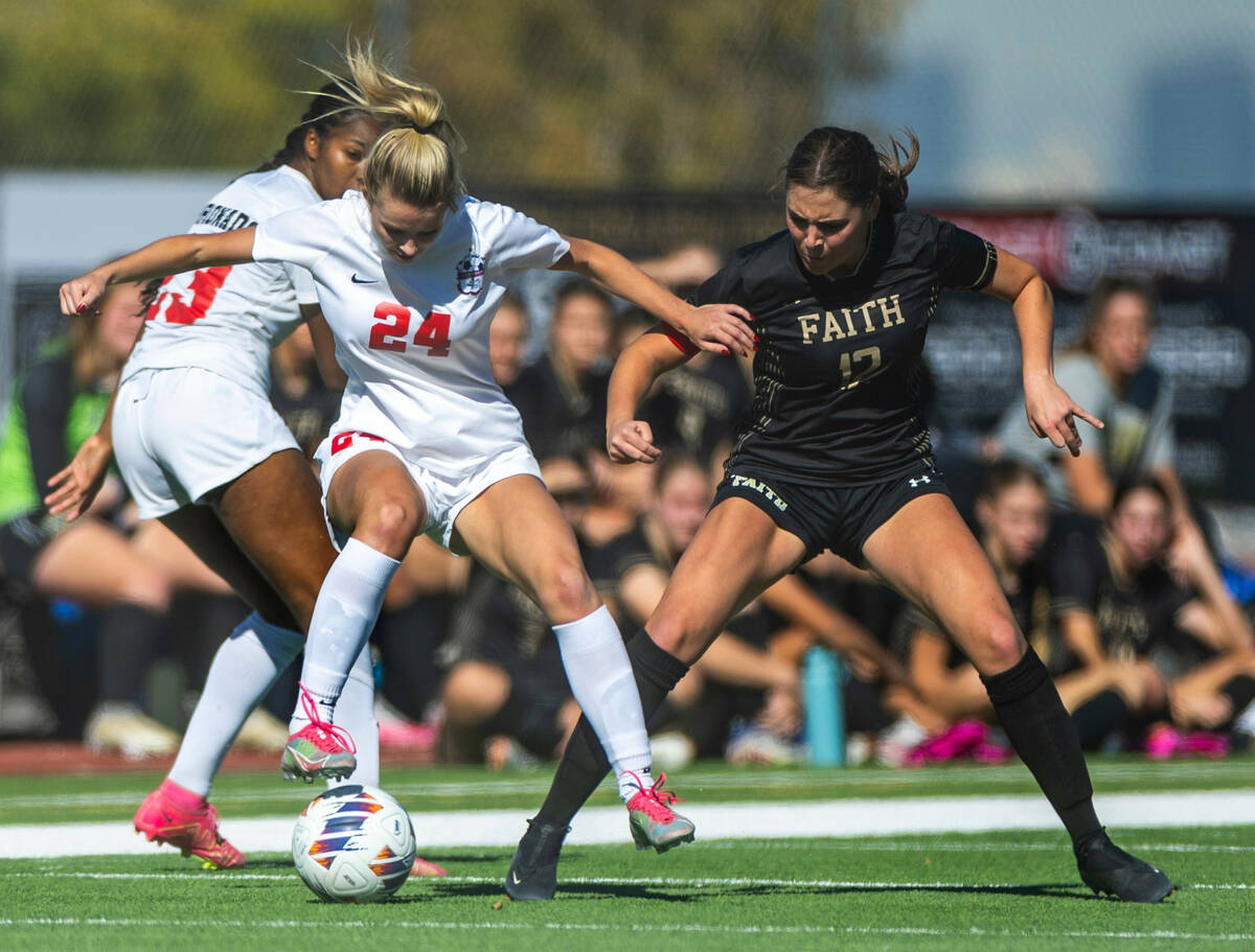 Coronado midfielder Aubrey Wagner (24) takes control of the ball against Faith Lutheran defende ...