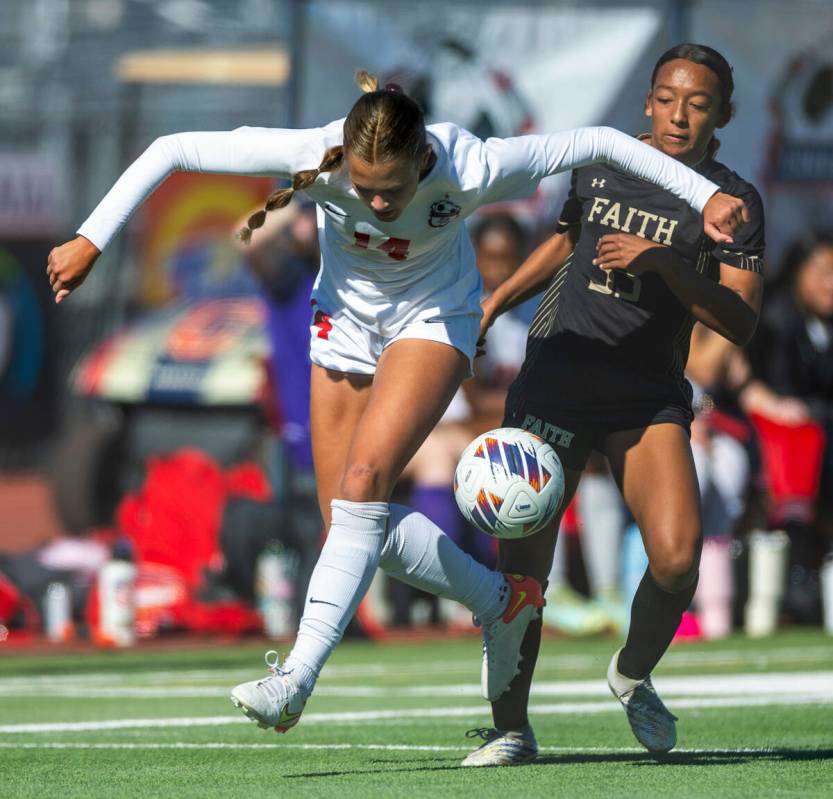 Coronado midfielder Allison Kleiner (14) is pushed while keeping control of the ball against Fa ...