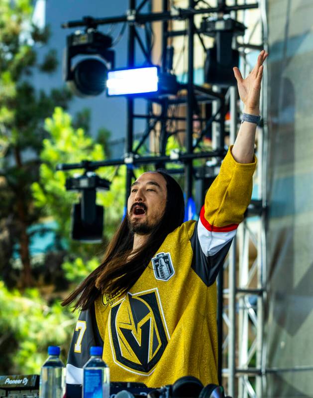 DJ Steve Aoki performs for the Golden Knights fans outside before Game 5 of the NHL hockey Stan ...