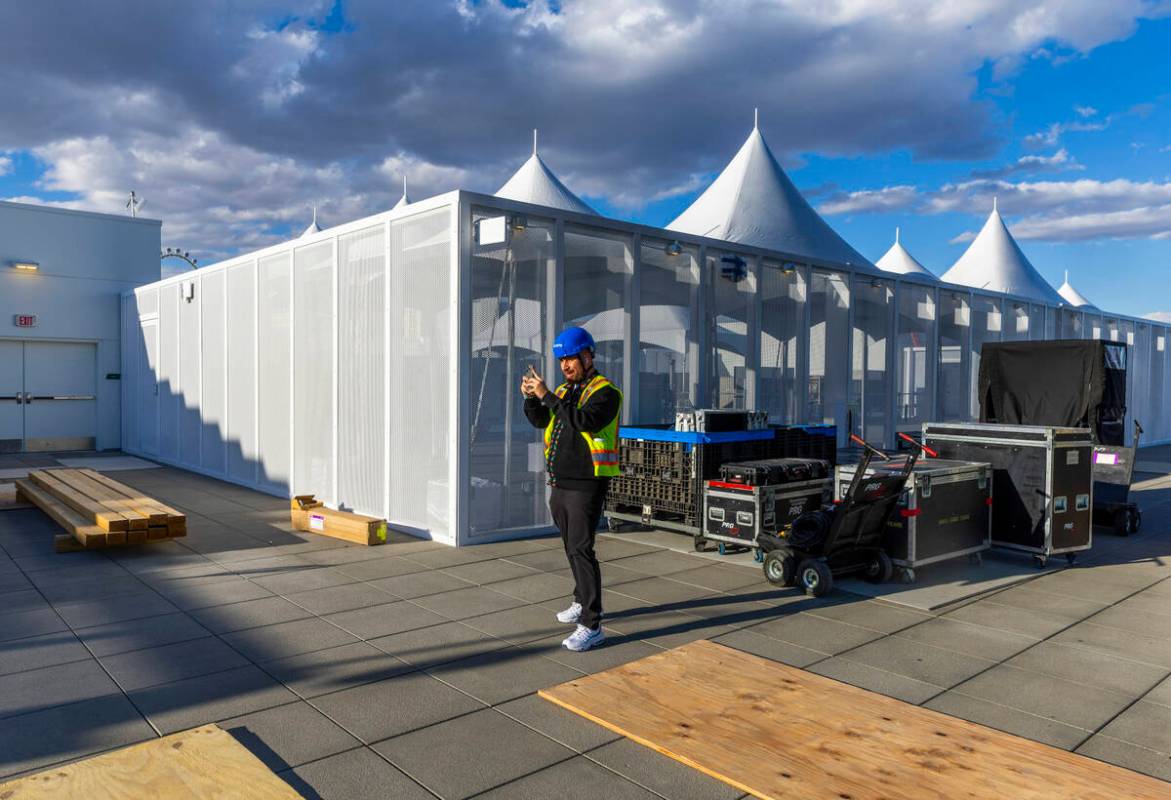 A tented area on the rooftop of the Formula One Las Vegas Grand Prix pit building during a medi ...