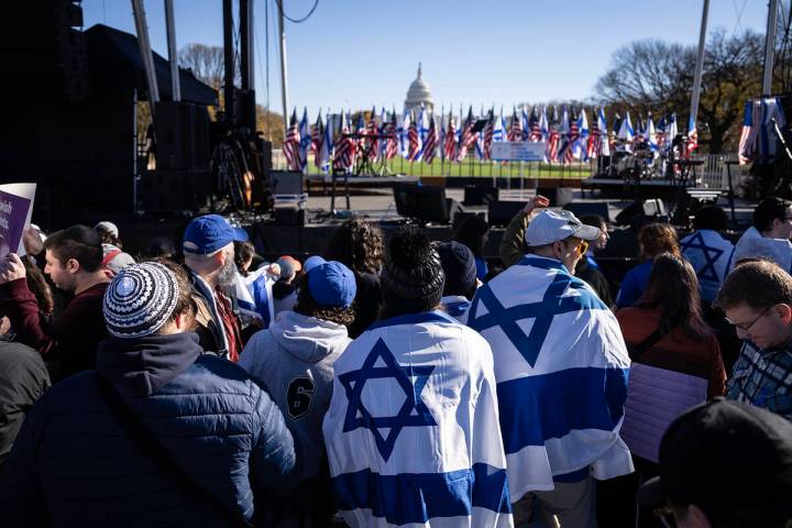 People arrive for the March for Israel on the National Mall Nov. 14, 2023, in Washington. The l ...