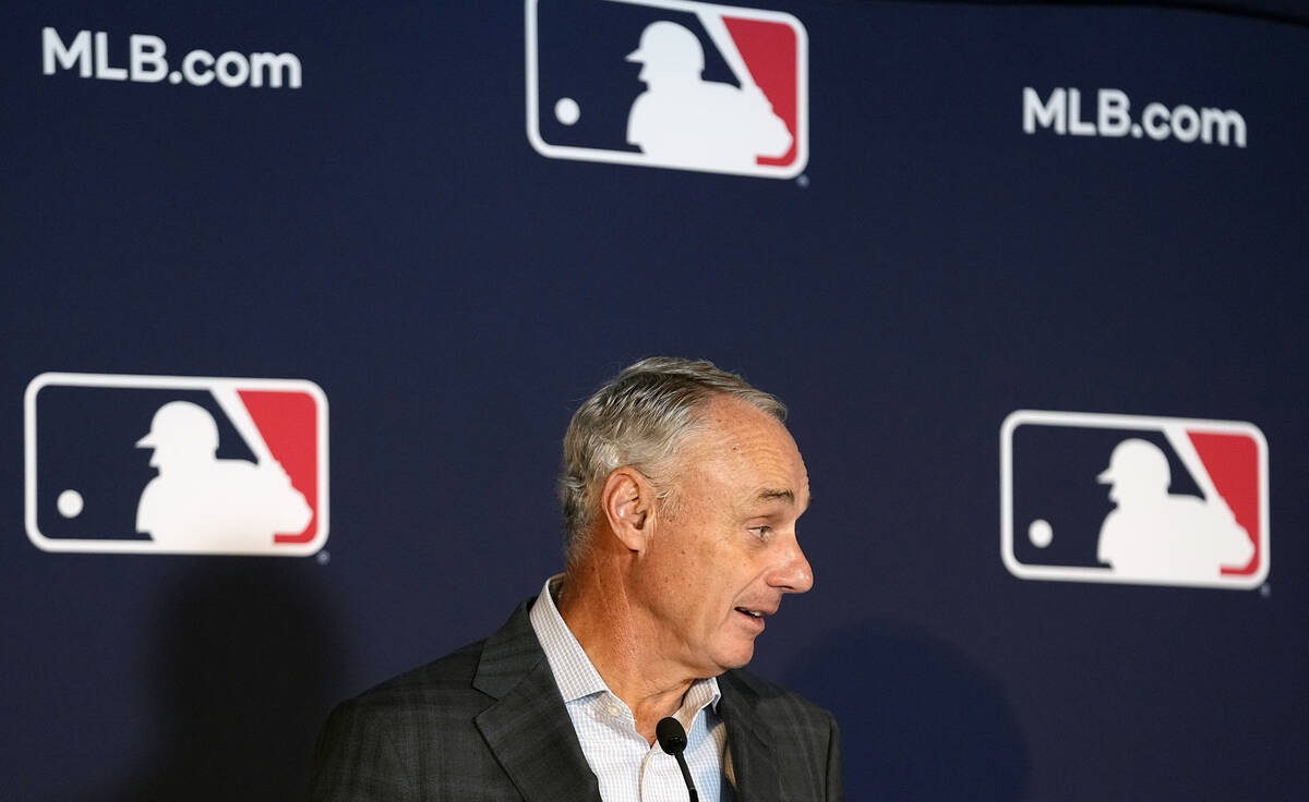 Major League Baseball commissioner Rob Manfred speaks during a news conference after an owners ...