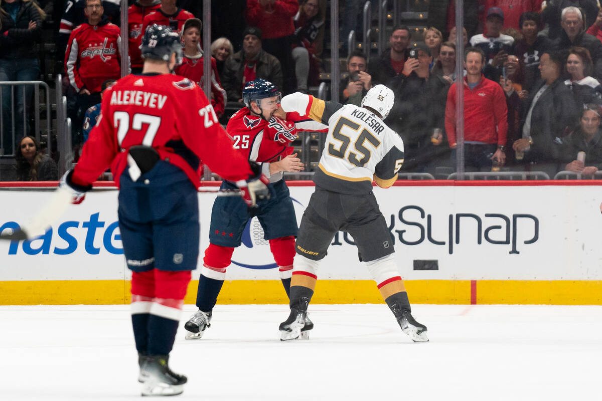 Washington Capitals defenseman Dylan McIlrath (25) and Vegas Golden Knights right wing Keegan K ...