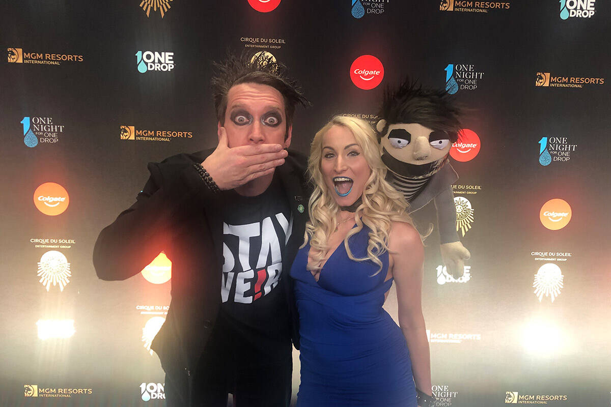 Sam Wills aka Tape Face at Harrah's, and Christina Balonek are shown on the Blue Carpet prior t ...