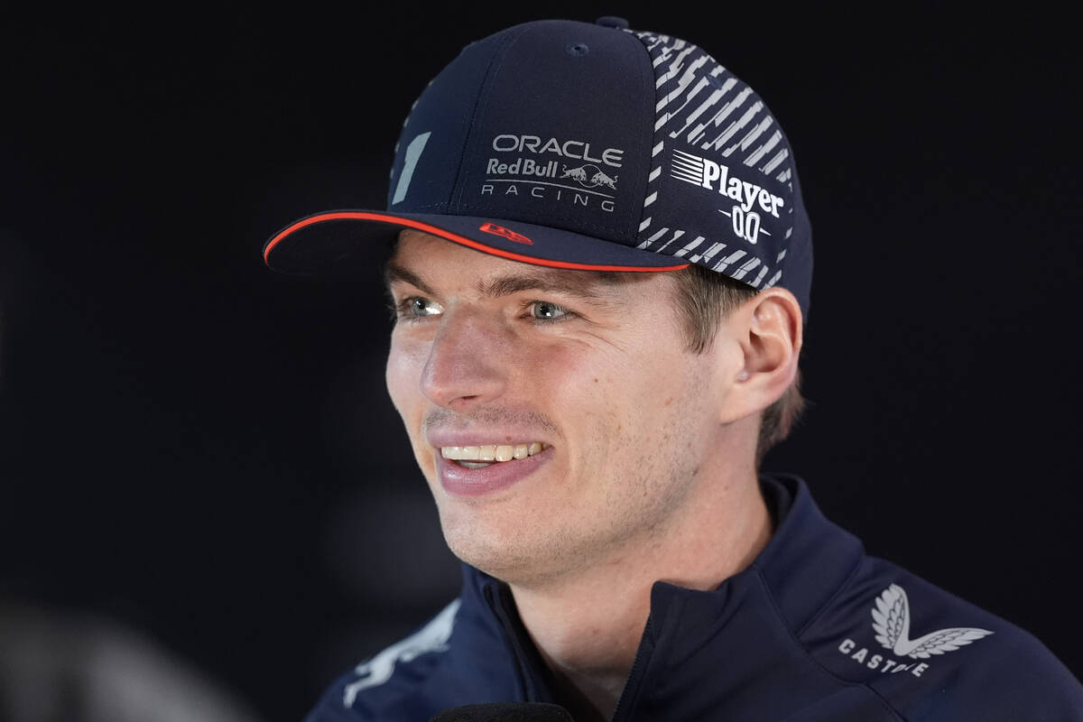 Red Bull driver Max Verstappen, of the Netherlands, speaks to the media ahead of the Formula On ...