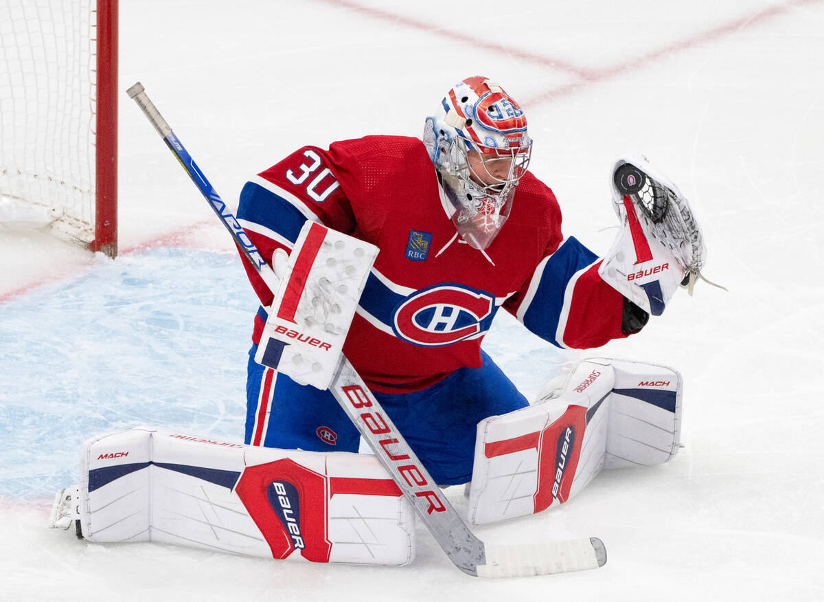 Montreal Canadiens goaltender Cayden Primeau (30) makes a save against the Vegas Golden Knights ...