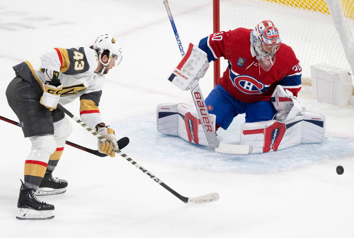 Montreal Canadiens goaltender Cayden Primeau (30) makes a save against Vegas Golden Knights' Pa ...