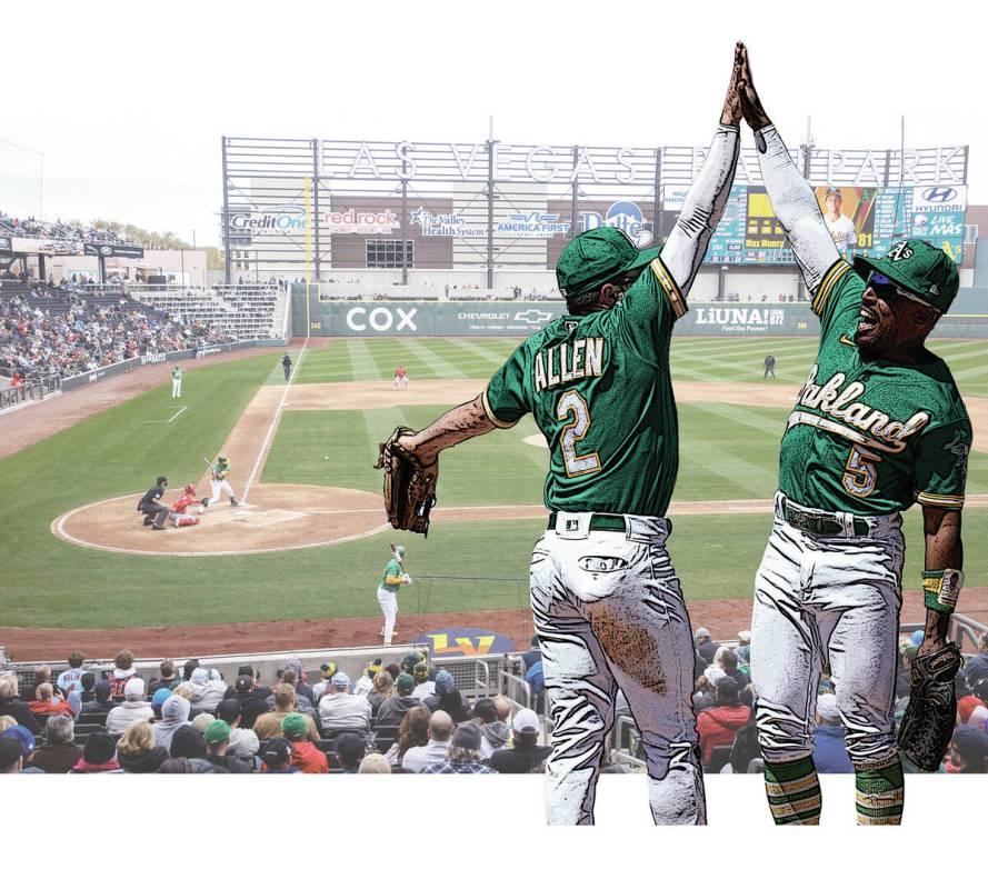 An overview of a baseball game between the Oakland Athletics and the Cincinnati Reds during the ...