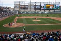An overview of a baseball game between the Oakland Athletics and the Cincinnati Reds during the ...