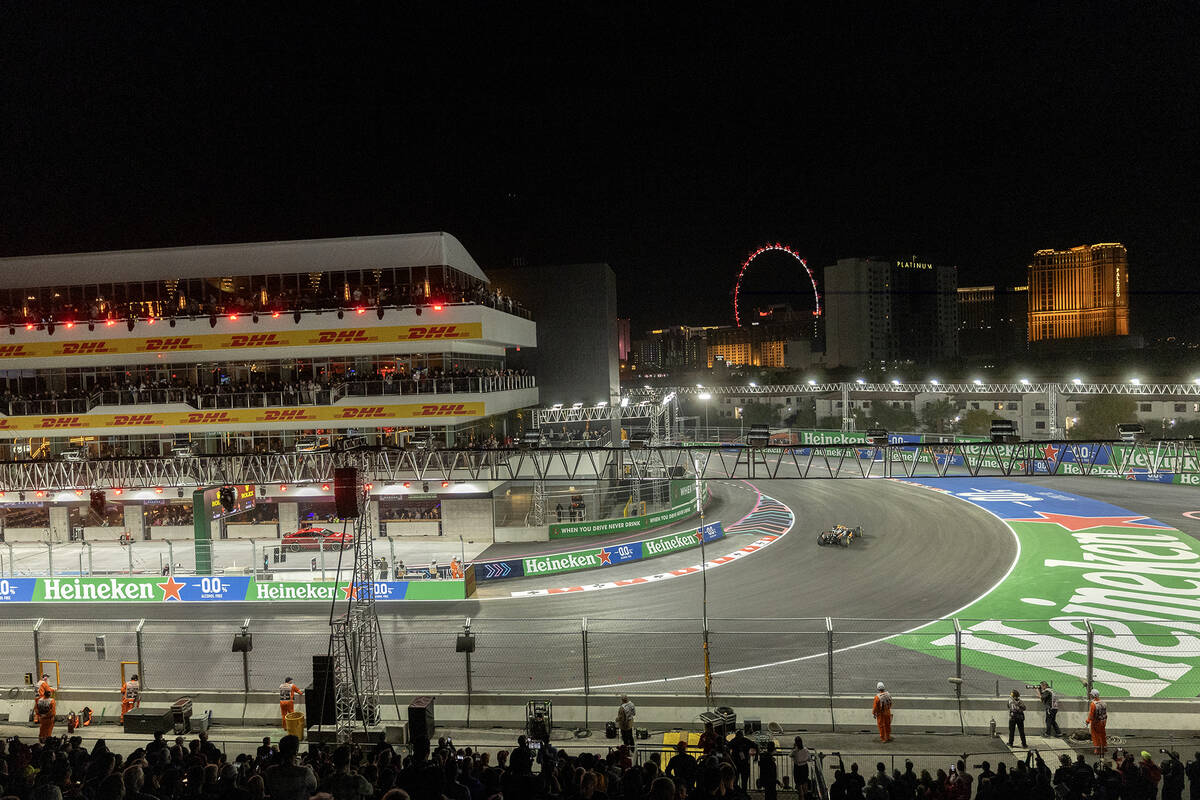 Drivers round the track during the first practice of the Formula One Las Vegas Grand Prix auto ...