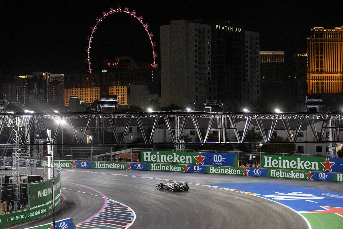 Alpha Tauri rounds the track during the first practice of the Formula One Las Vegas Grand Prix ...