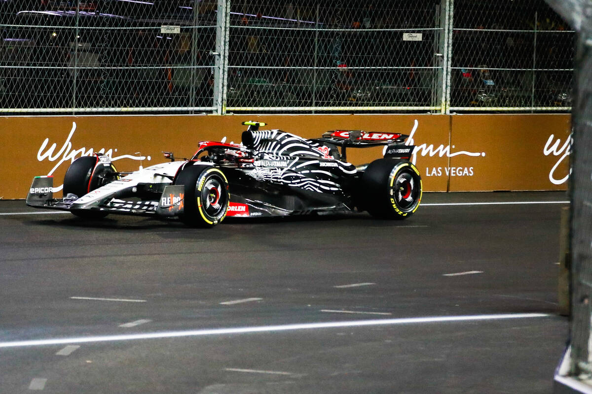 Yuki Tsunoda competes in the first practice race for the Formula 1 Las Vegas Grand Prix on Thur ...