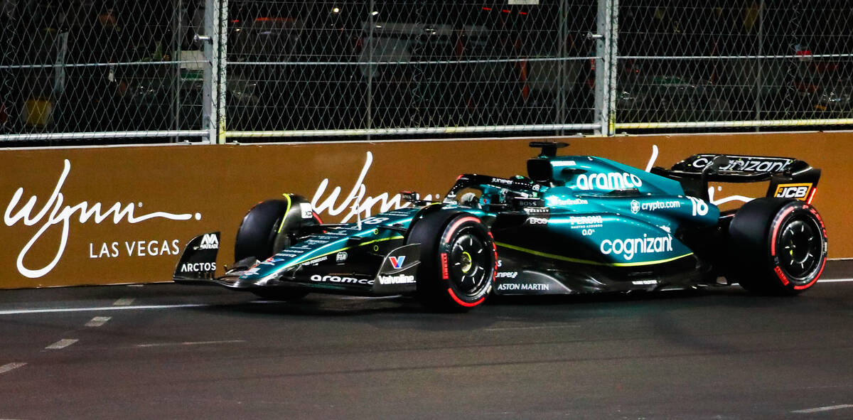 Lance Stroll competes in the first practice race for the Formula 1 Las Vegas Grand Prix on Thur ...