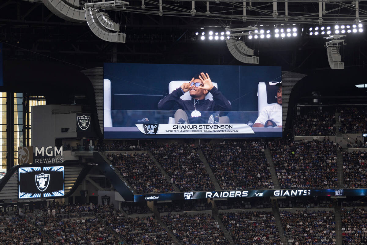 Two-division boxing champion Shakur Stevenson is shown attending an NFL game between the Raider ...