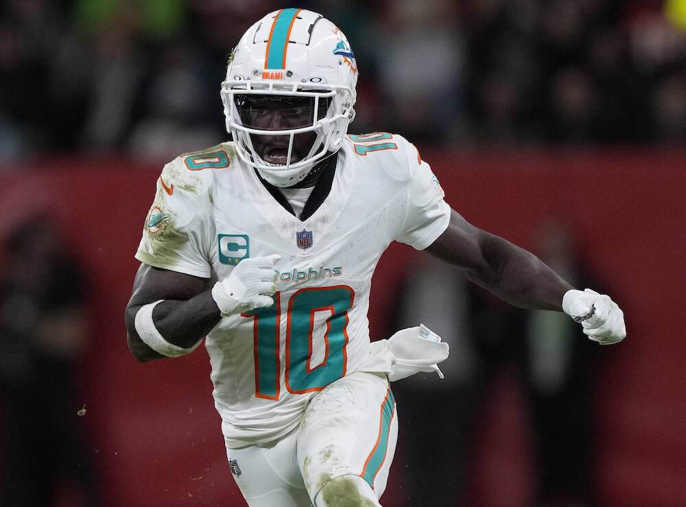 Miami Dolphins wide receiver Tyreek Hill (10) runs a route during an NFL football game between ...