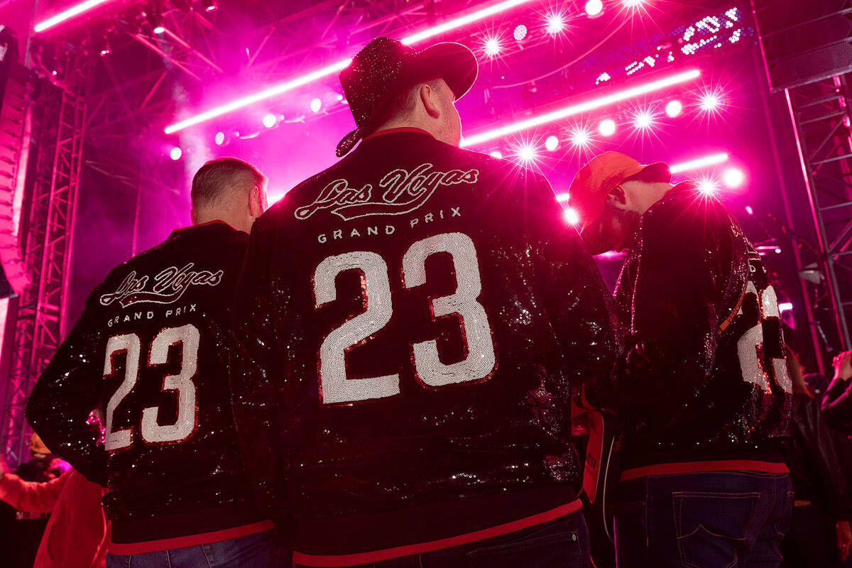 Fans wear sequined jackets before the third practice for the Formula One Las Vegas Grand Prix a ...