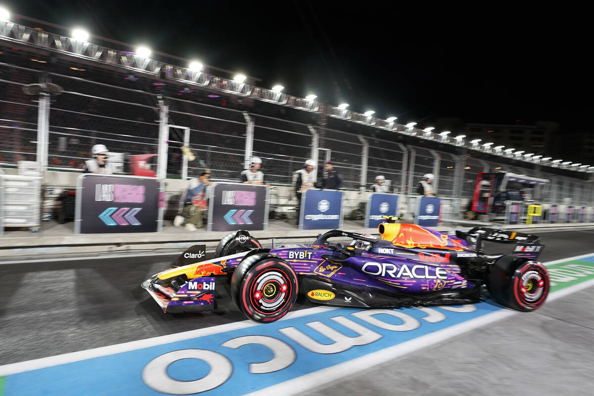 Red Bull driver Sergio Perez, of Mexico, leaves the garage during final practice session for th ...