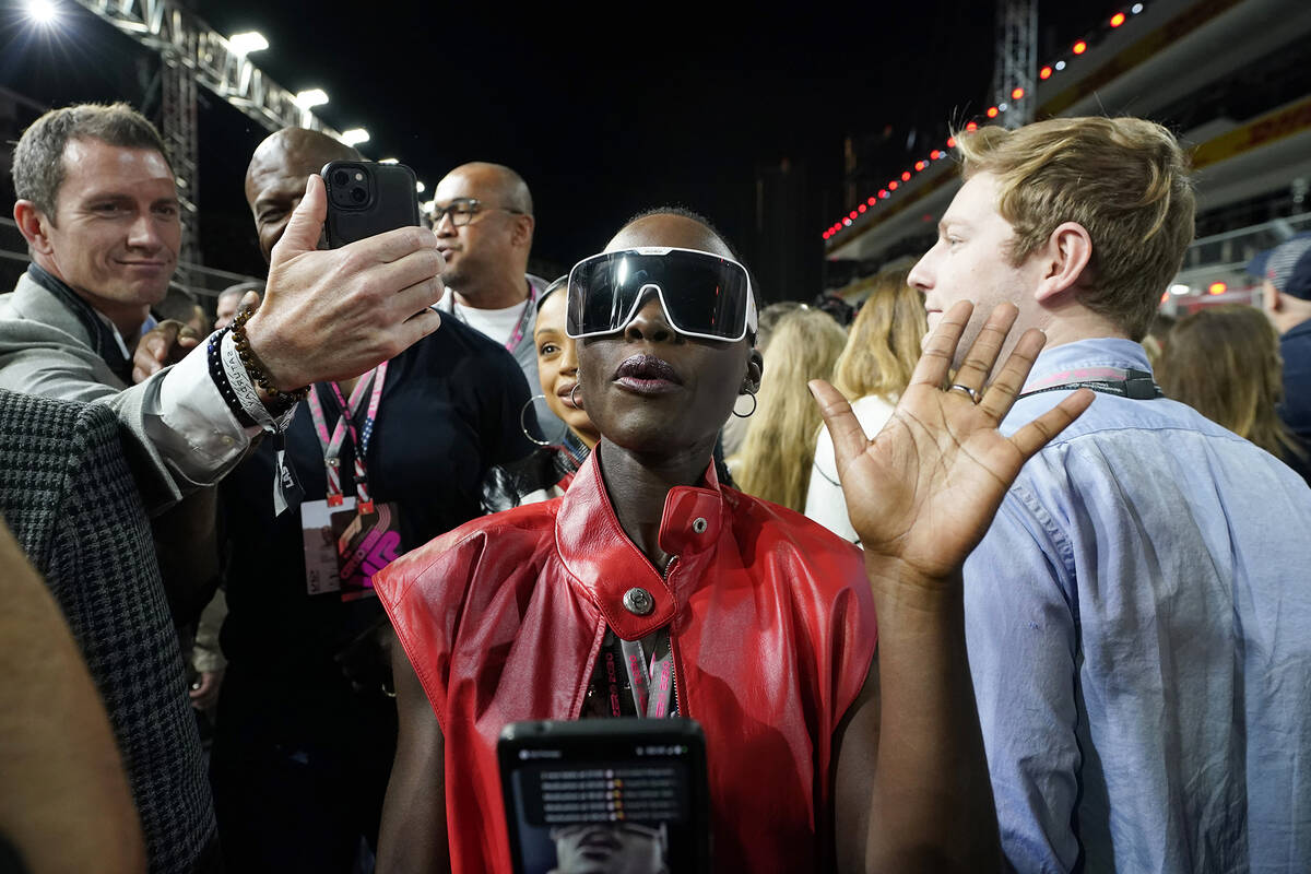 Actor Lupita Nyong'o attends the Formula One Las Vegas Grand Prix auto race, Saturday, Nov. 18, ...