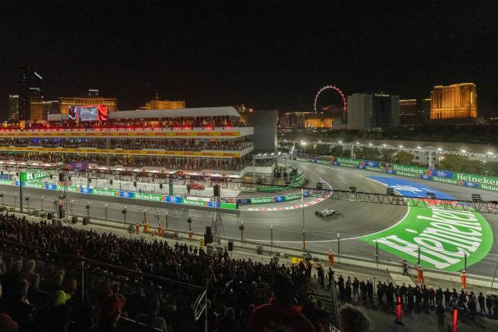 Drivers round the track during the first practice of the Formula One Las Vegas Grand Prix auto ...