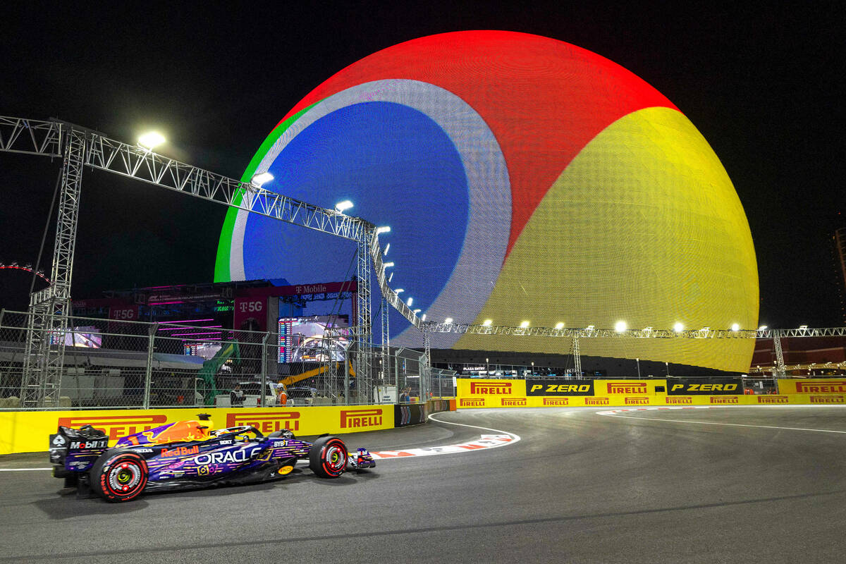 Red Bull Racing driver Max Verstappen turns a corner about the MSG Sphere during the practice s ...