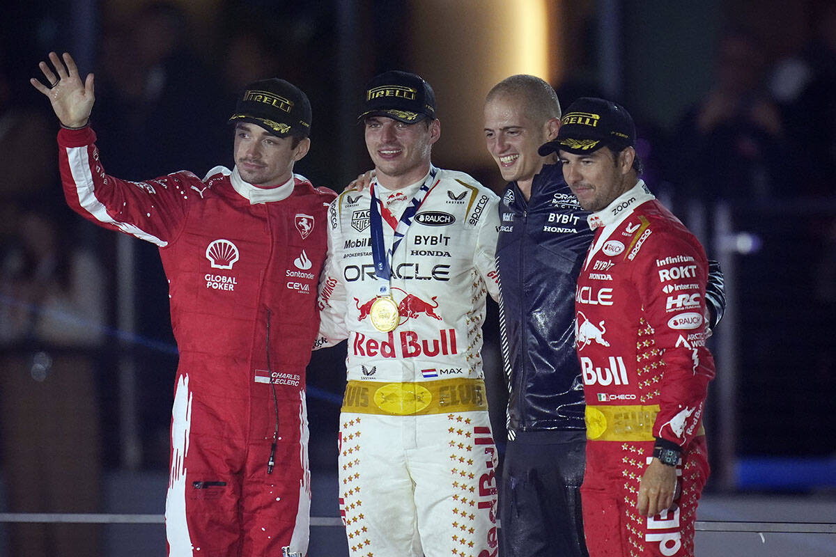 From left; Ferrari driver Charles Leclerc, of Monaco, Red Bull driver Max Verstappen, of the Ne ...