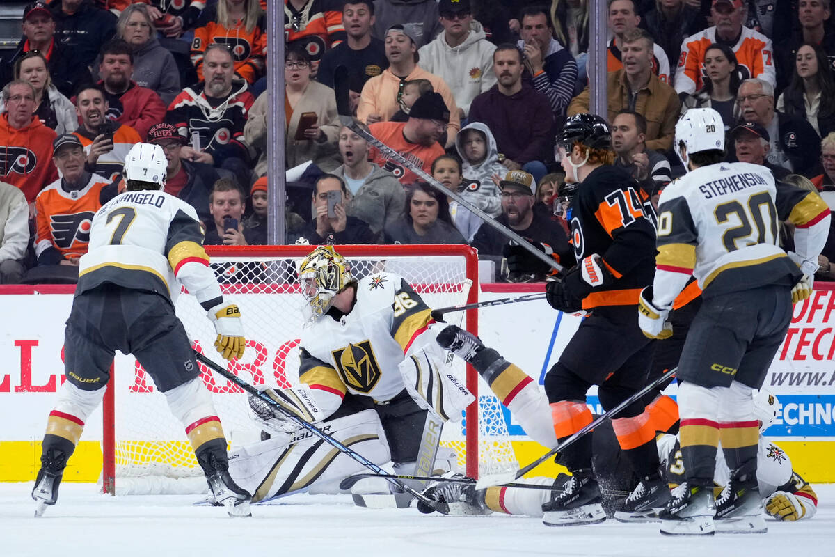 Philadelphia Flyers' Owen Tippett (74) scores a goal past Vegas Golden Knights' Logan Thompson ...