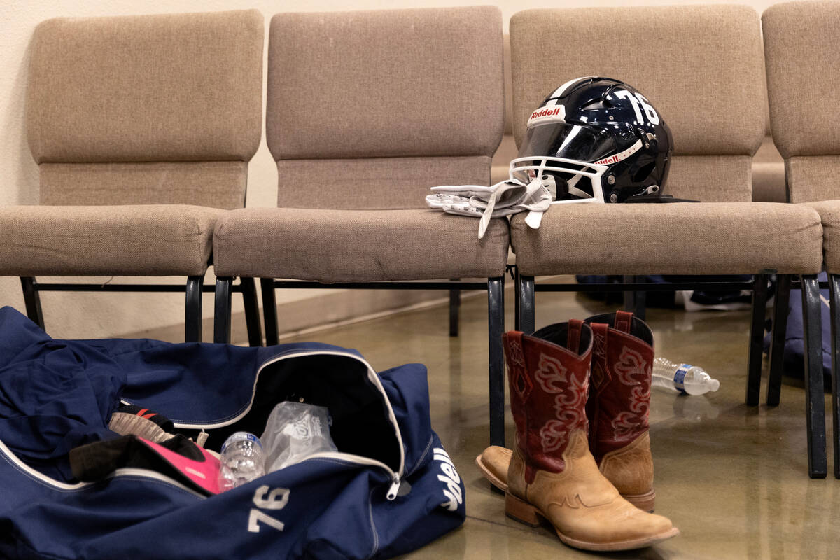 Lake Mead players’ bags are stored in their school’s sanctuary before a Class 2A ...