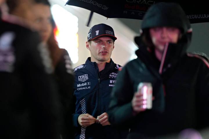 Red Bull driver Max Verstappen, of the Netherlands, heads to a media interview ahead of the For ...