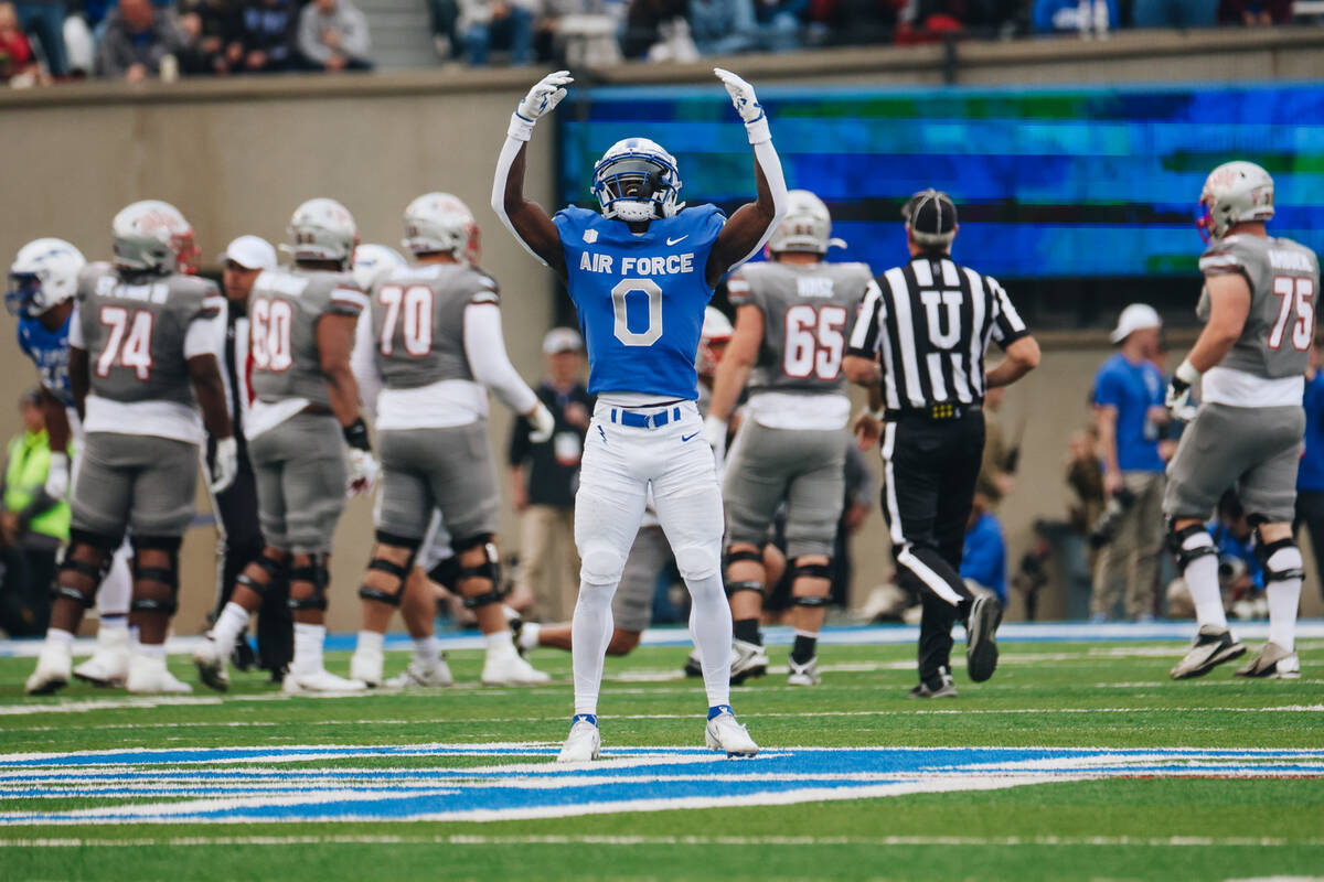 Air Force Falcons defensive back Trey Williams (0) celebrates a sack during a game against UNLV ...