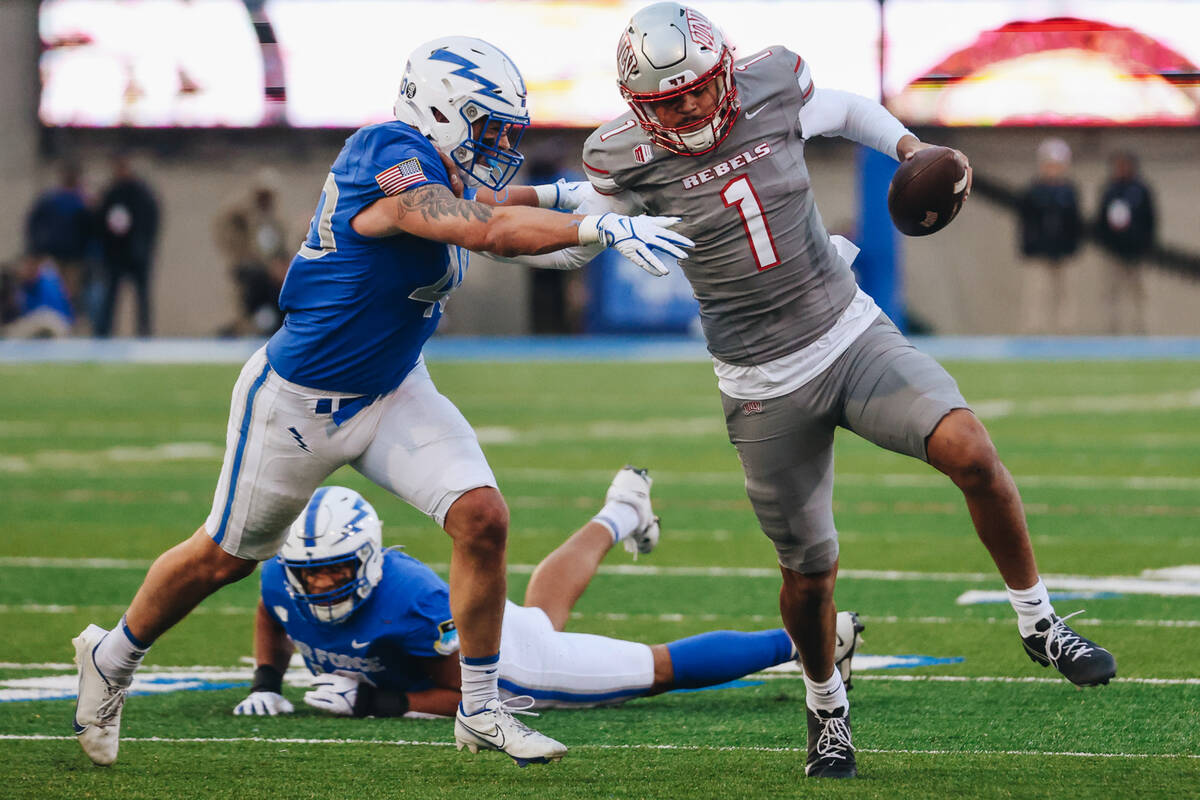 UNLV quarterback Jayden Maiava (1) runs the ball during a game against Air Force at Falcon Stad ...