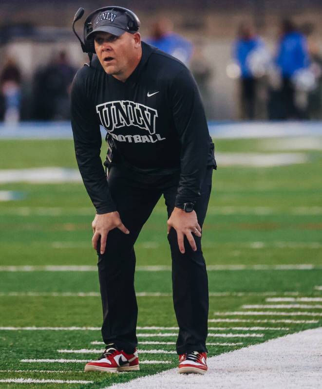 UNLV head coach Barry Odom watches a replay of a play that ended in a penalty against his team ...