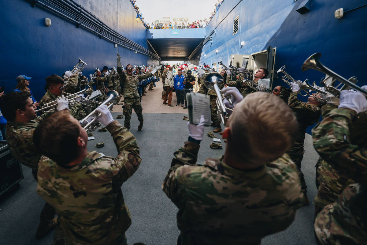 The Air Force band plays before a game against UNLV at Falcon Stadium on Saturday, Nov. 18, 202 ...