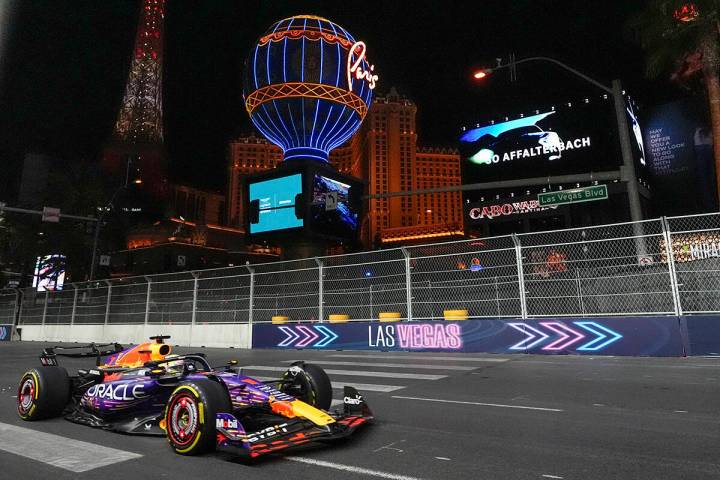 Red Bull driver Max Verstappen, of the Netherlands, drives during the second practice session f ...