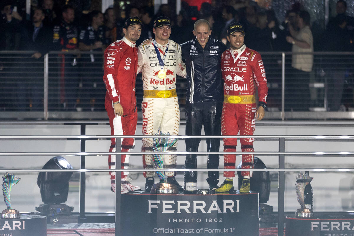 Ferrari driver Charles LeClerc, left, Red Bull Racing driver Max Verstappen, Alpine driver Este ...