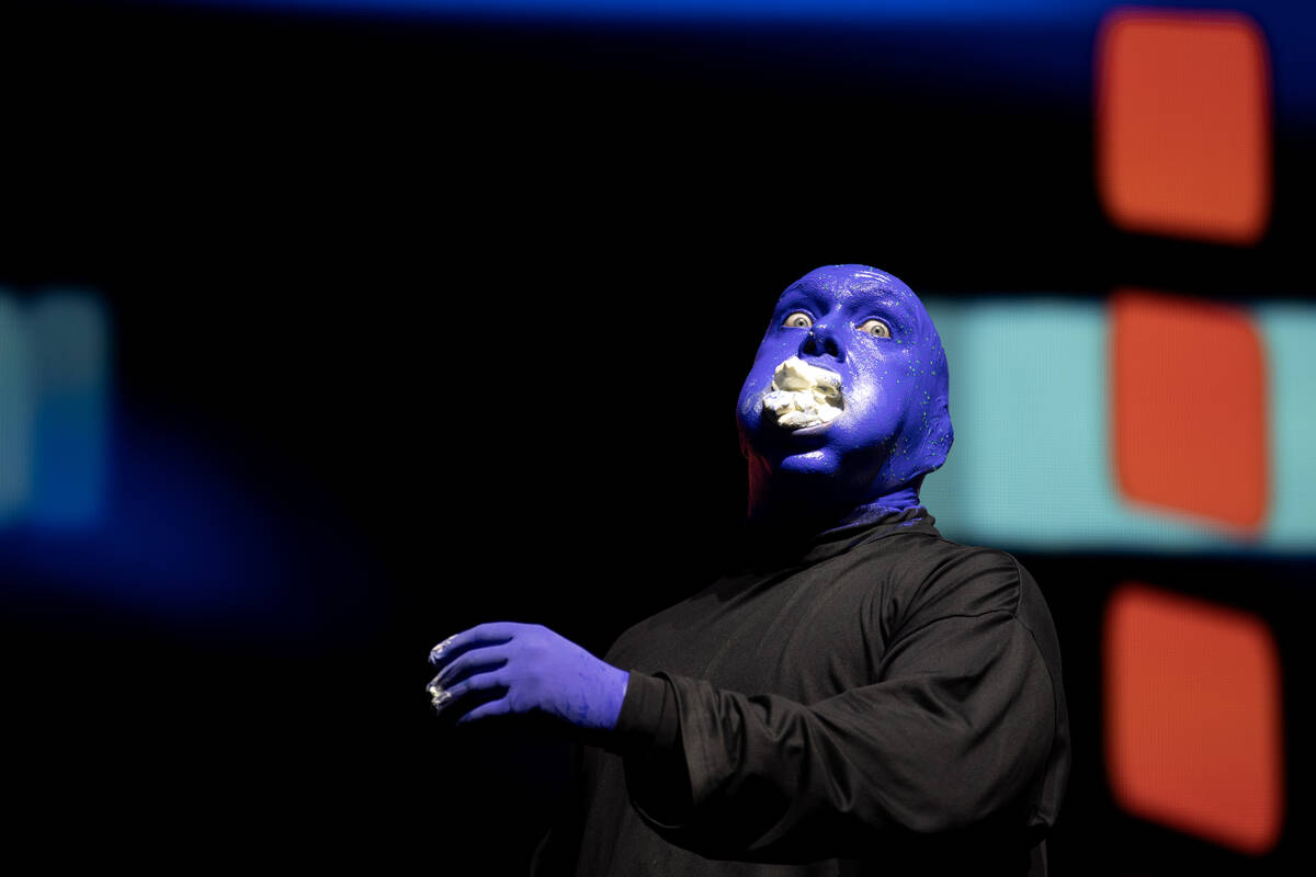 Blue Man Group performs before the third practice for the Formula One Las Vegas Grand Prix auto ...