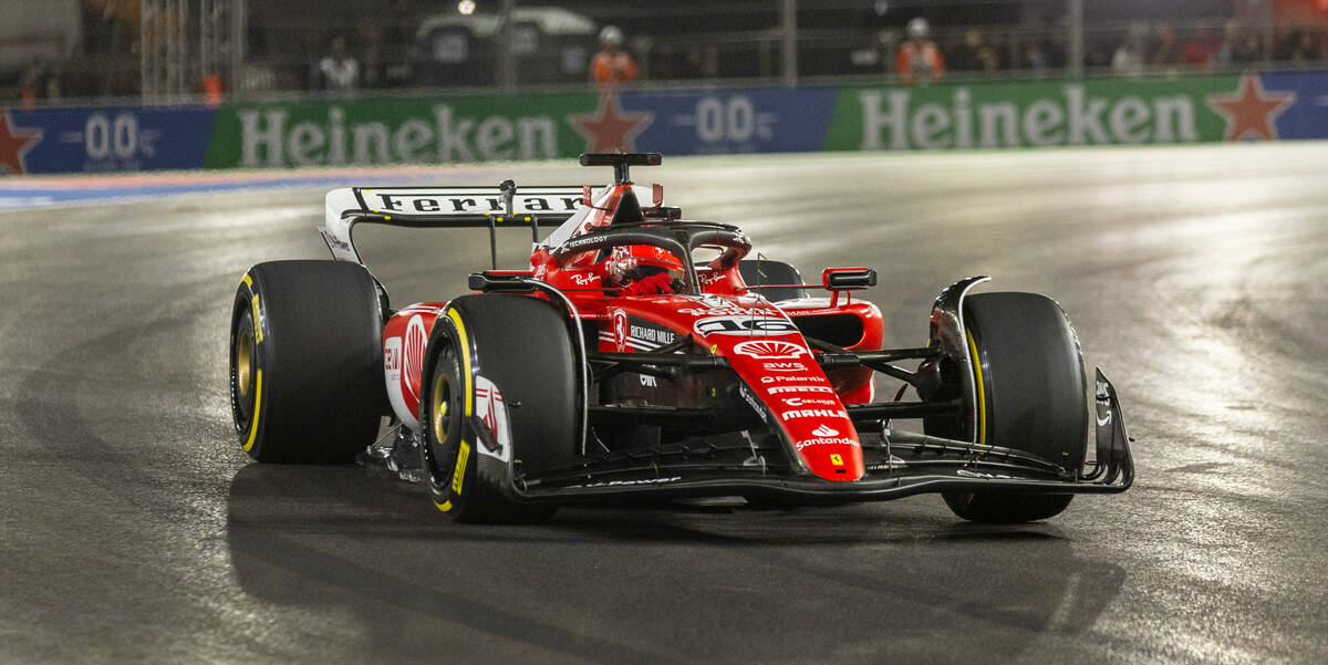 Ferrari driver Charles Leclerc navigates the course during the Las Vegas Grand Prix Formula One ...