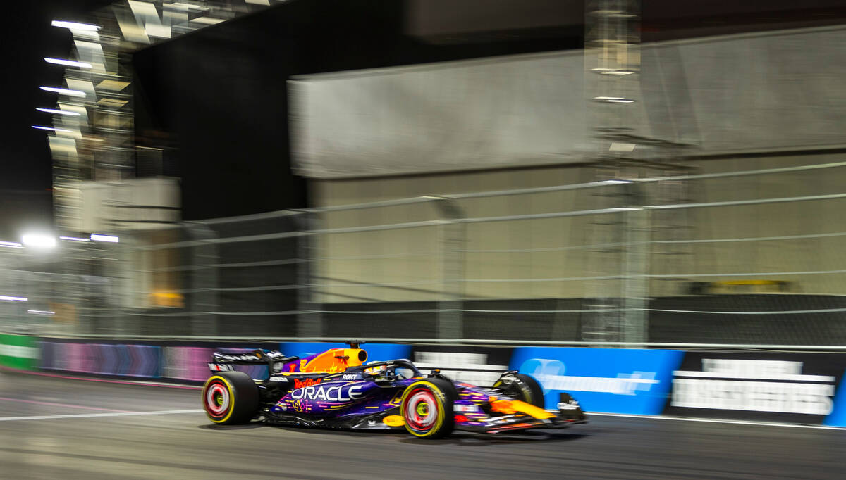 Red Bull Racing driver Max Verstappen navigates the course during the Las Vegas Grand Prix Form ...