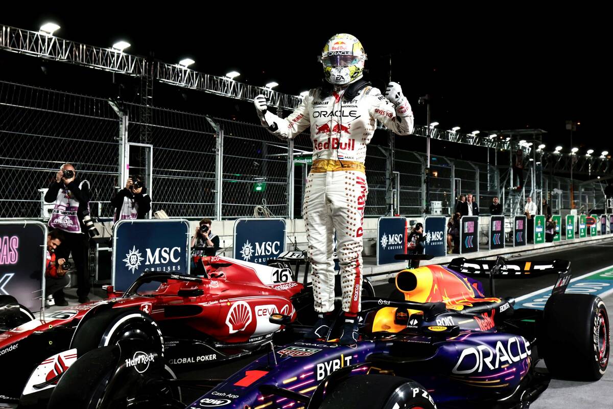 Max Verstappen after winning the Formula One Las Vegas Grand Prix on Saturday, Nov. 18, 2023, i ...