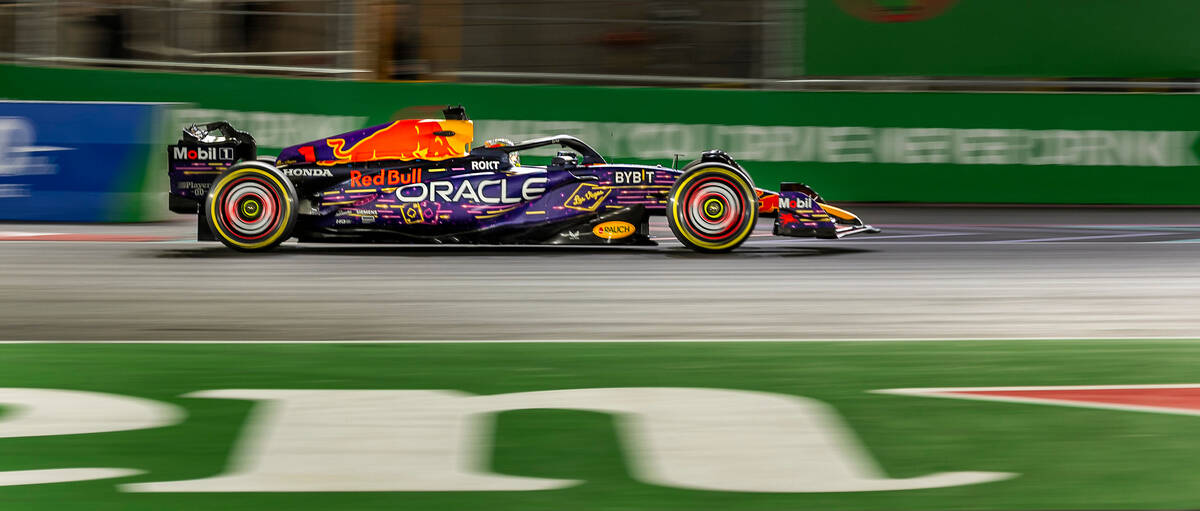 Red Bull Racing driver Max Verstappen navigates the course during the Las Vegas Grand Prix Form ...