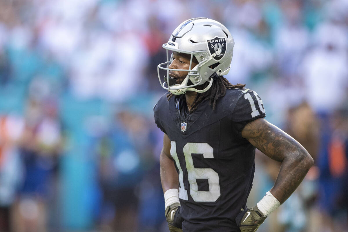 Raiders wide receiver Jakobi Meyers (16) reacts after Miami Dolphins cornerback Jalen Ramsey (5 ...