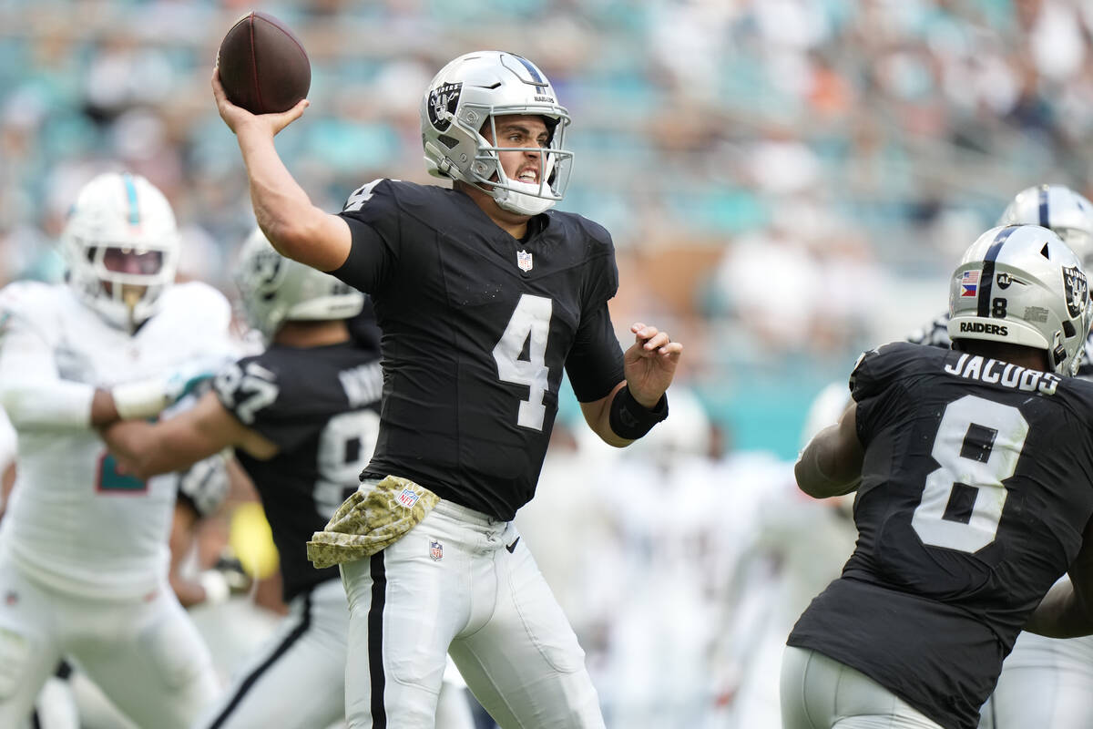 Las Vegas Raiders quarterback Aidan O'Connell (4) aims a pass during the first half of an NFL f ...