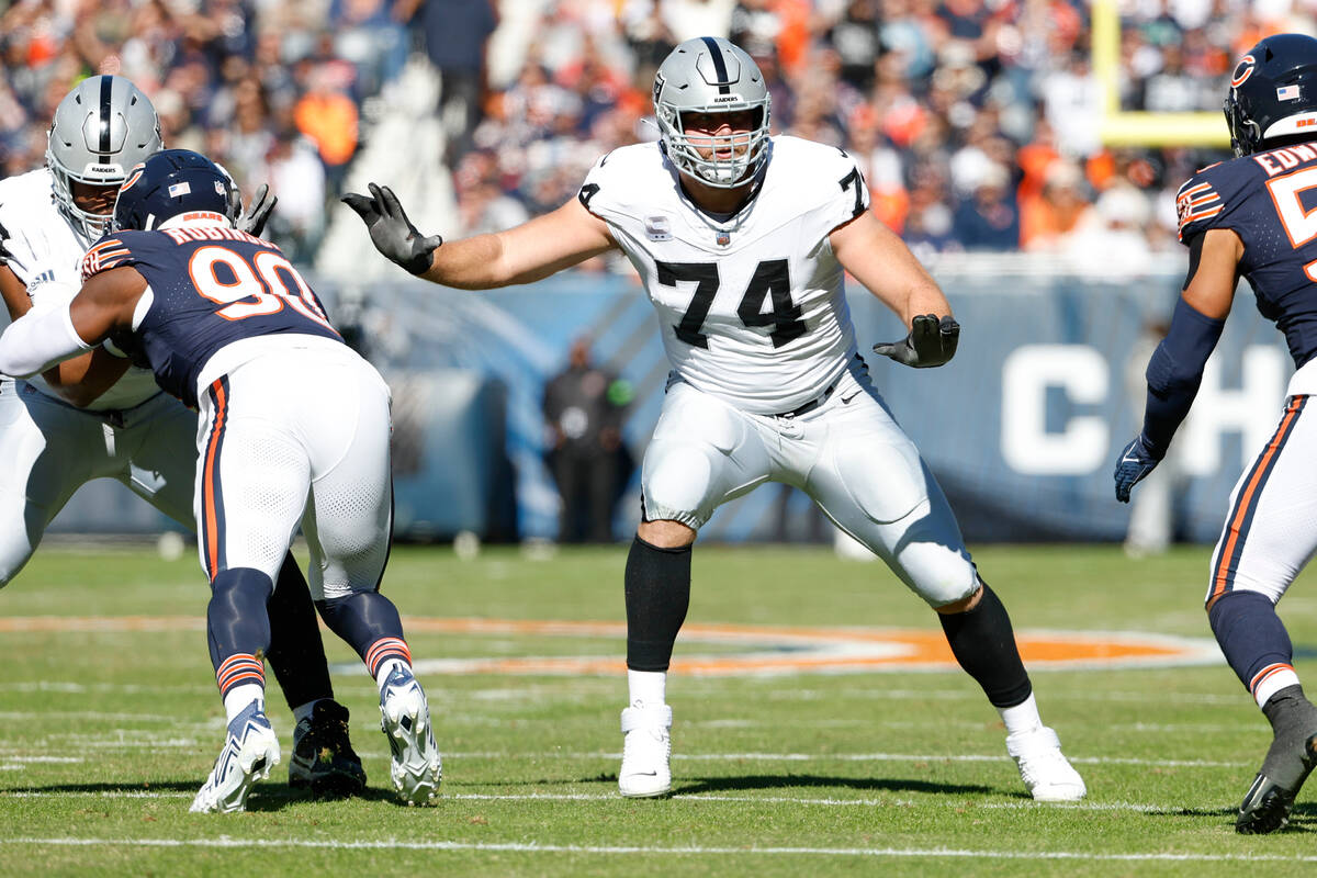 Las Vegas Raiders offensive tackle Kolton Miller (74) blocks against the Chicago Bears during t ...