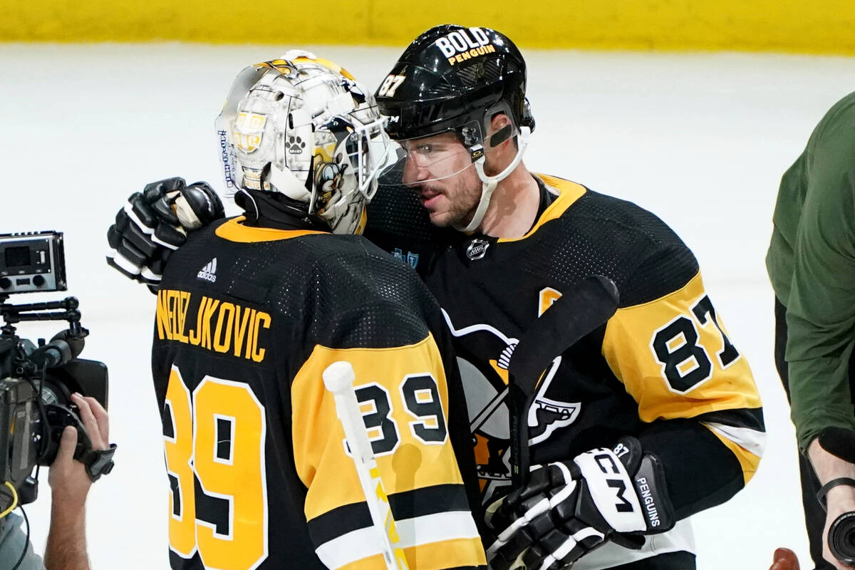 Pittsburgh Penguins goaltender Alex Nedeljkovic (39) celebrates his 3-0 shutout against the Veg ...