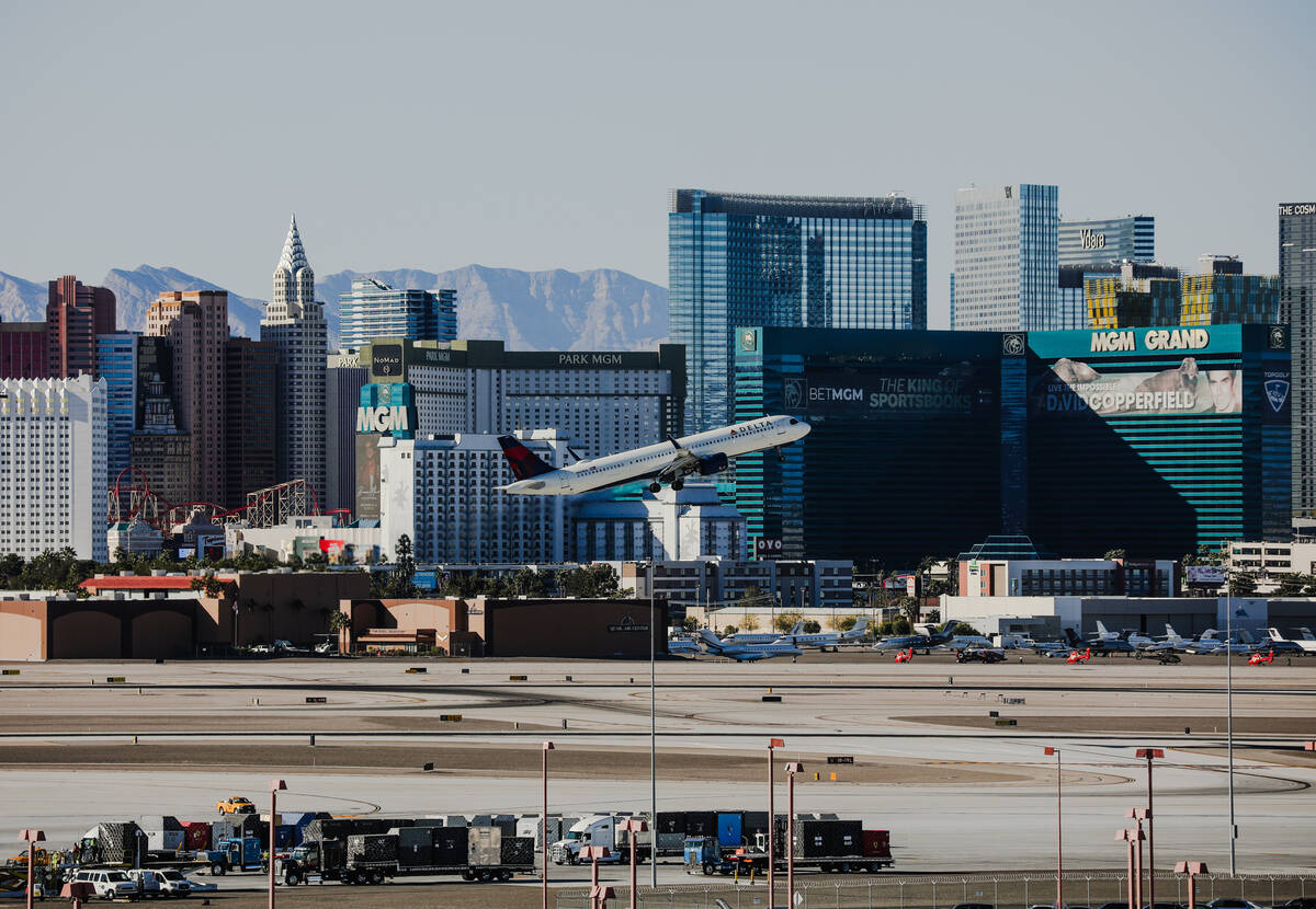 A plane takes off at Harry Reid International Airport in Las Vegas, Sunday, Nov. 19, 2023. (Rac ...