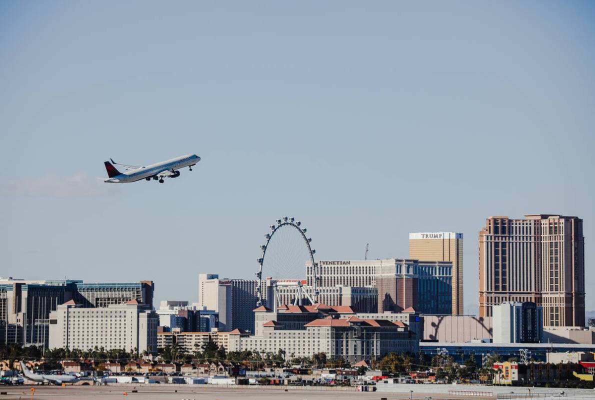 A plane takes off at Harry Reid International Airport in Las Vegas, Sunday, Nov. 19, 2023. (Rac ...